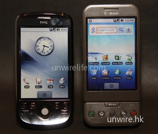 在未打開 HTC Dream(右)的 qwerty 鍵盤前,已可看到 Dream 比 Magic 明顯更長身。 在未打開 HTC Dream(右)的 qwerty 鍵盤前,已可看到 Dream 比 Magic 明顯更長身。