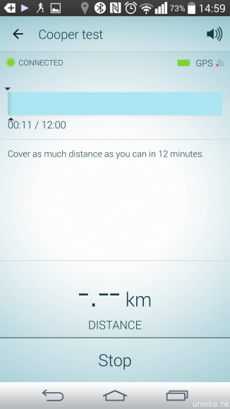 Jabra Sport Pace Wireless 亦對應 12 分鐘 Cooper test 跑步測試，紀錄用戶在 12 分鐘內最長的跑步距離並加以分析。