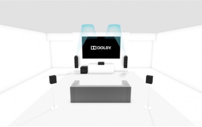 至於艾域自己家中則已加設 Dolby Atmos 附加喇叭模組，配合支援 Dolby Atmos 及 DTS:X 的擴音機，就可輸出如圖所示的 5.1.2 架構的物件導向式環繞聲。