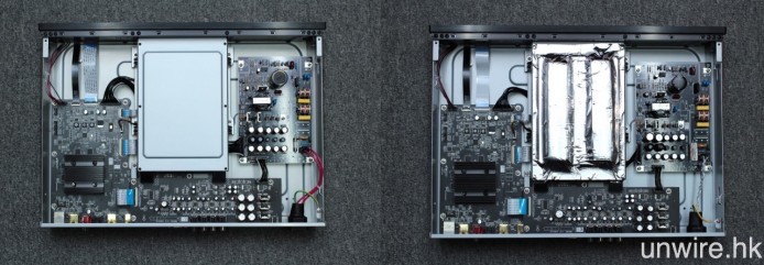 至於內部方面，線路板亦繼續分為左邊的數碼影像、中間下方的模擬音效、中間上方的碟盤及右方的電源 4 部分，與原版（左圖）相比，SE 版本在碟盤上就加入了兩條抑震用的工業橡膠長條。