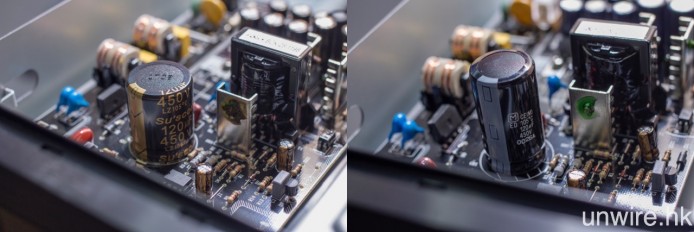 電源電路板上的開關電容，由 Su’scon LZ 系列（左圖）改為 Panasonic ED 系列（右圖）。
