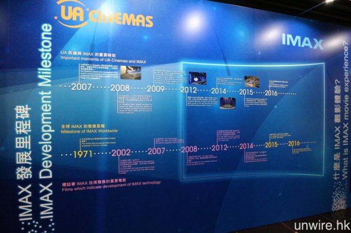場內亦有 IMAX 在全球以至香港 UA 院線的發展時軸，艾域自己亦正是在 08 年於 UA MegaBox BEA IMAX，首次體驗 IMAX 3D 電影《哈利波特鳳凰會的密令》。